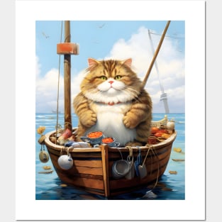 Cats at Sea: Fat Cat, little boat Vintage Style Art Posters and Art